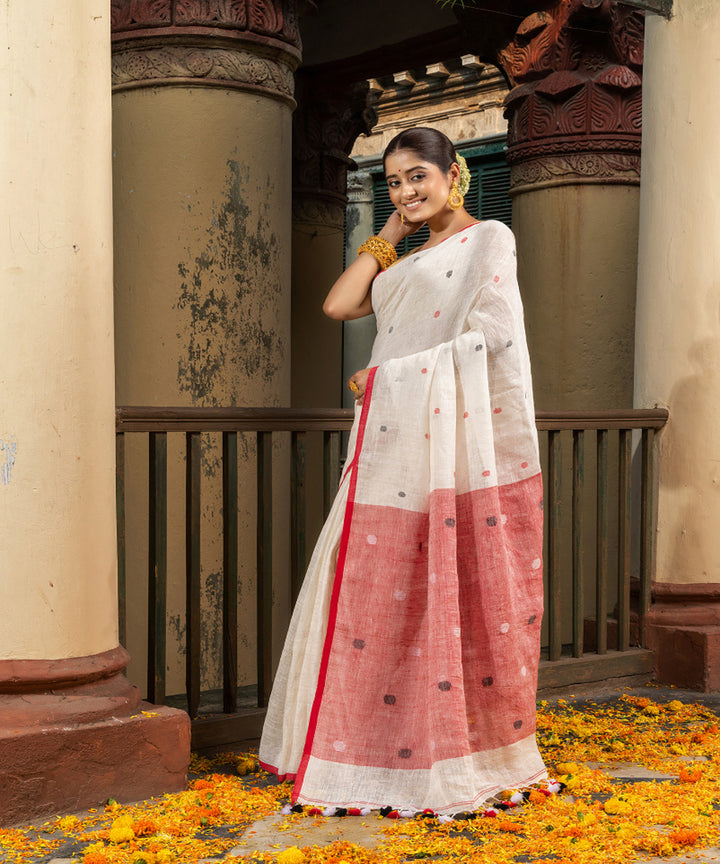 White red linen handloom bengal saree
