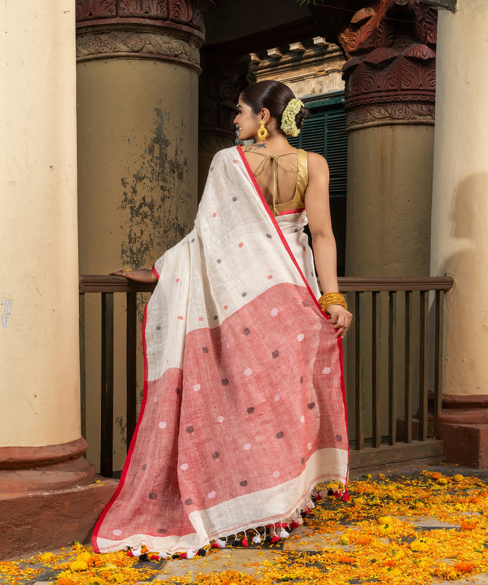White red handloom bengal linen saree