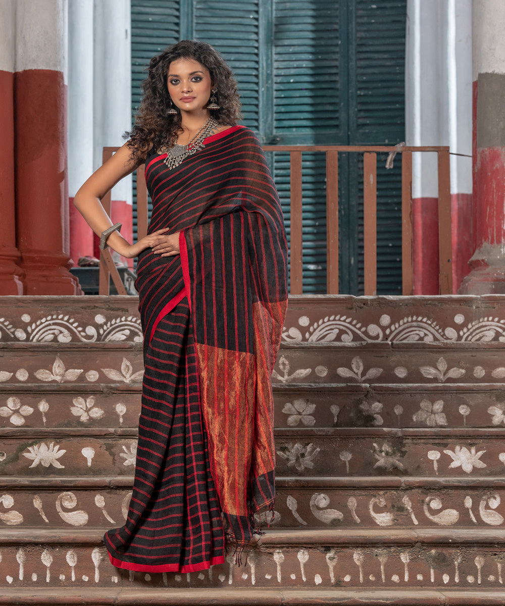 Black red linen zari stripes handloom bengal saree
