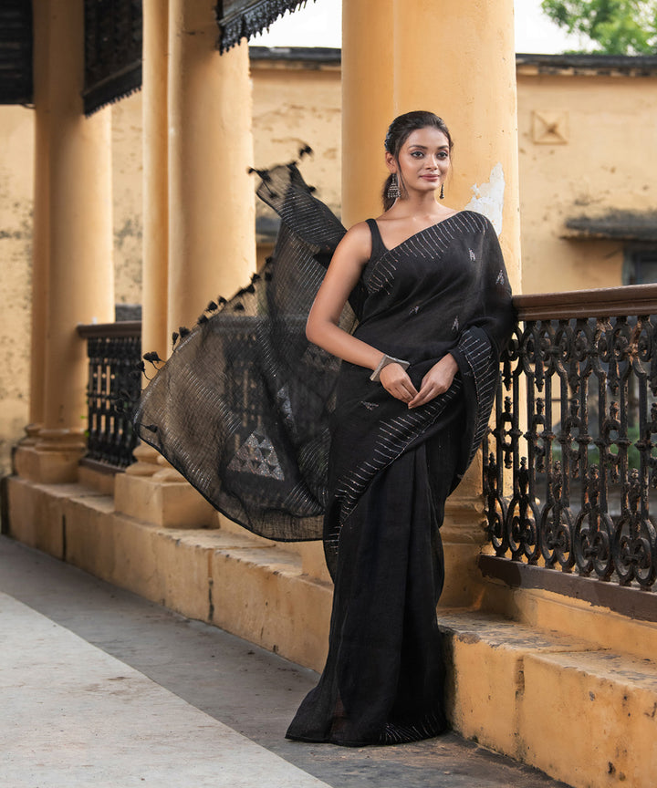 Black linen sequin handwoven bengal saree