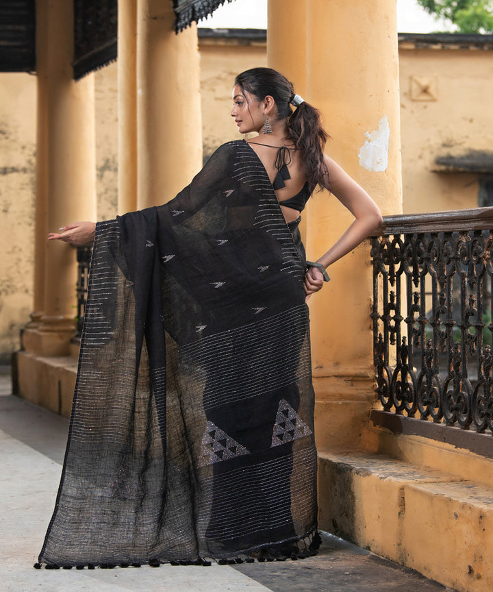 Black linen sequin handwoven bengal saree