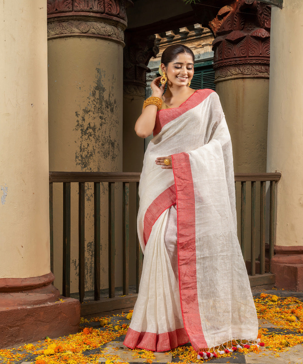 Offwhite red linen zari handloom bengal saree