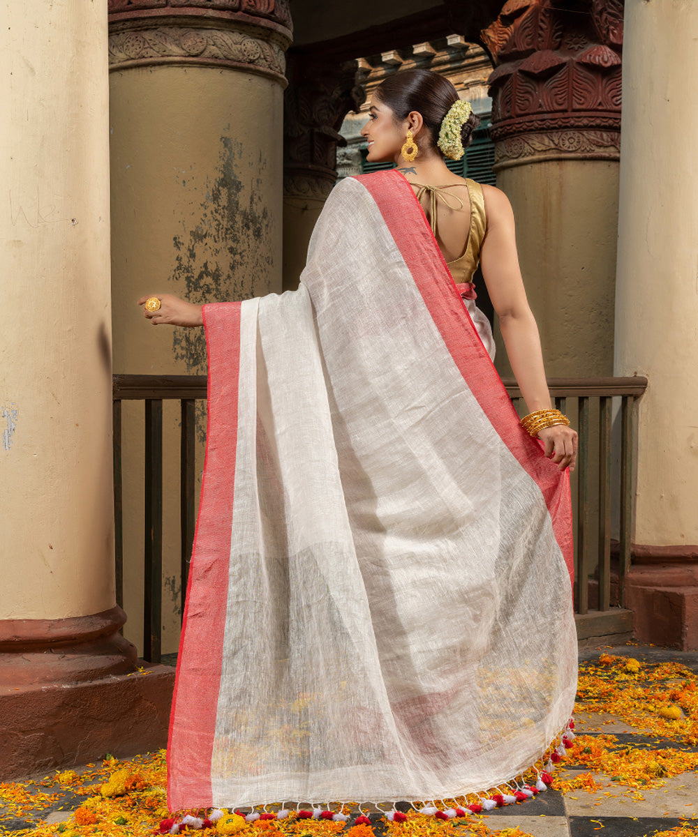 Offwhite red linen zari handloom bengal saree