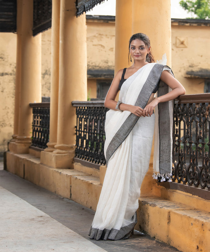 White grey handloom bengal linen saree