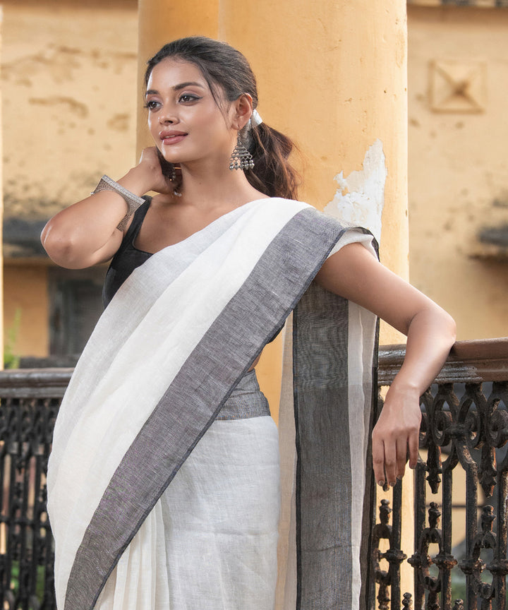 Offwhite black linen zari handloom bengal saree