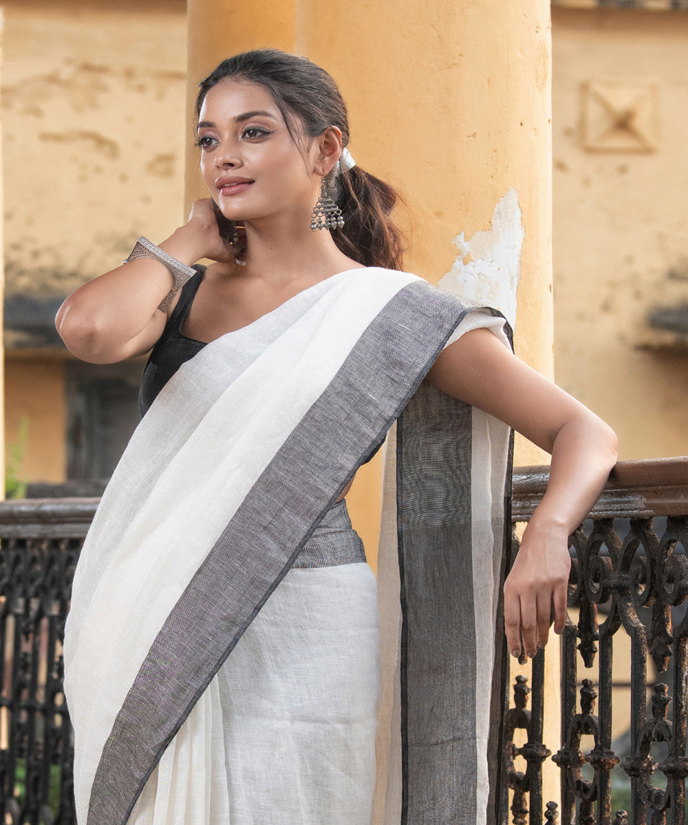 White grey handloom bengal linen saree