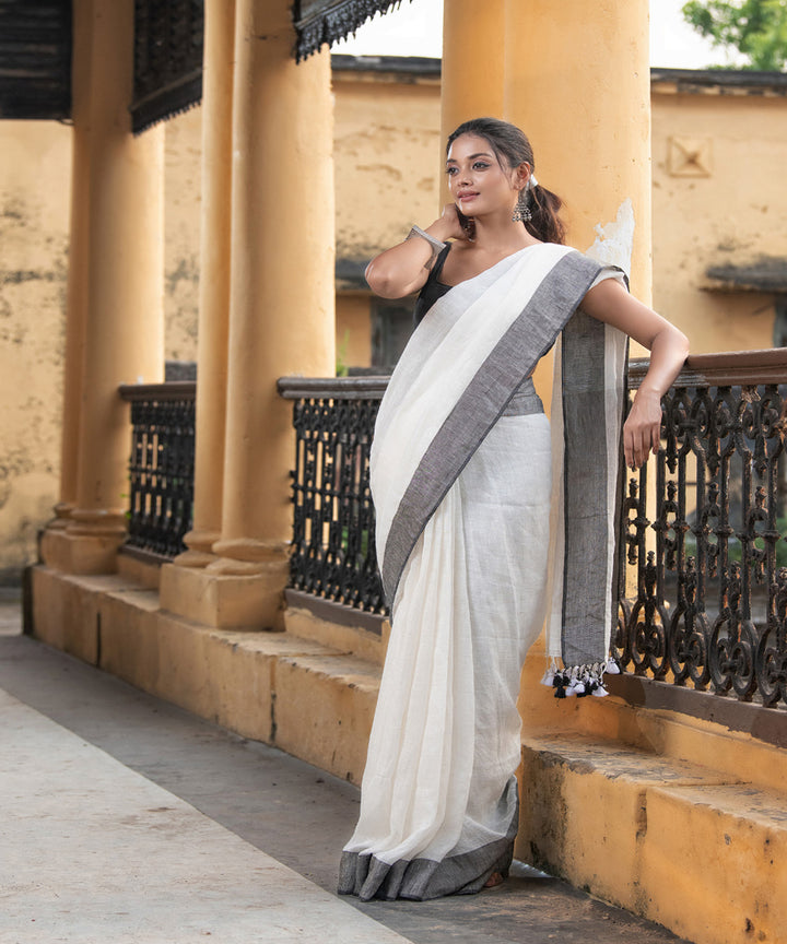 White grey handloom bengal linen saree