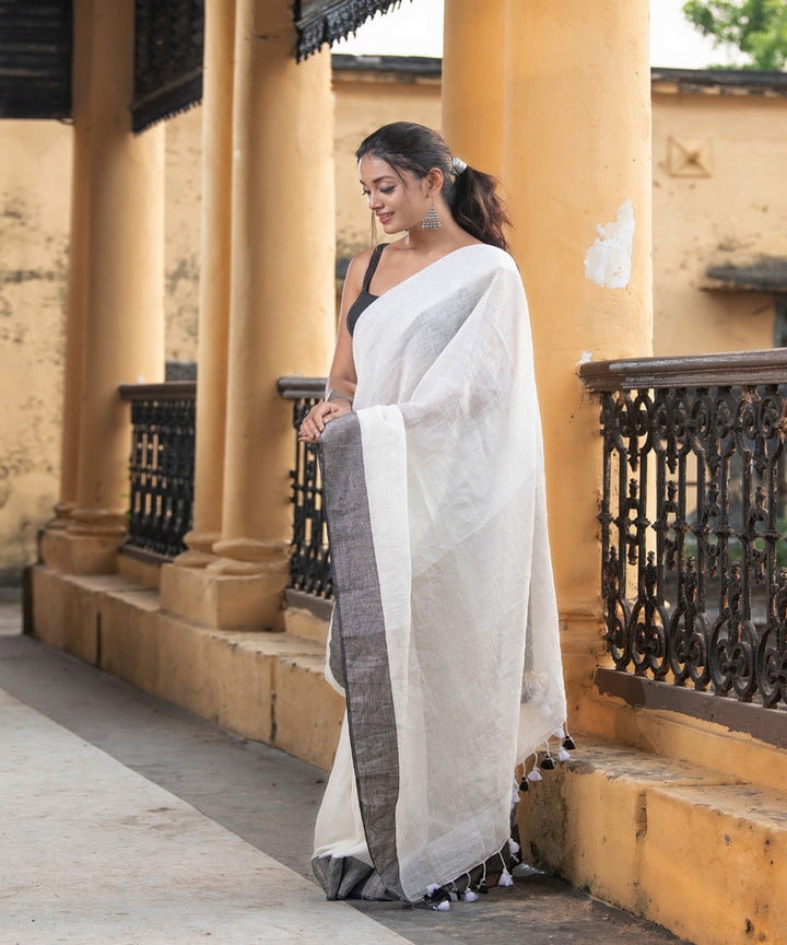 White grey handloom bengal linen saree