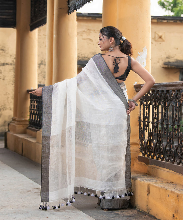 White grey handloom bengal linen saree