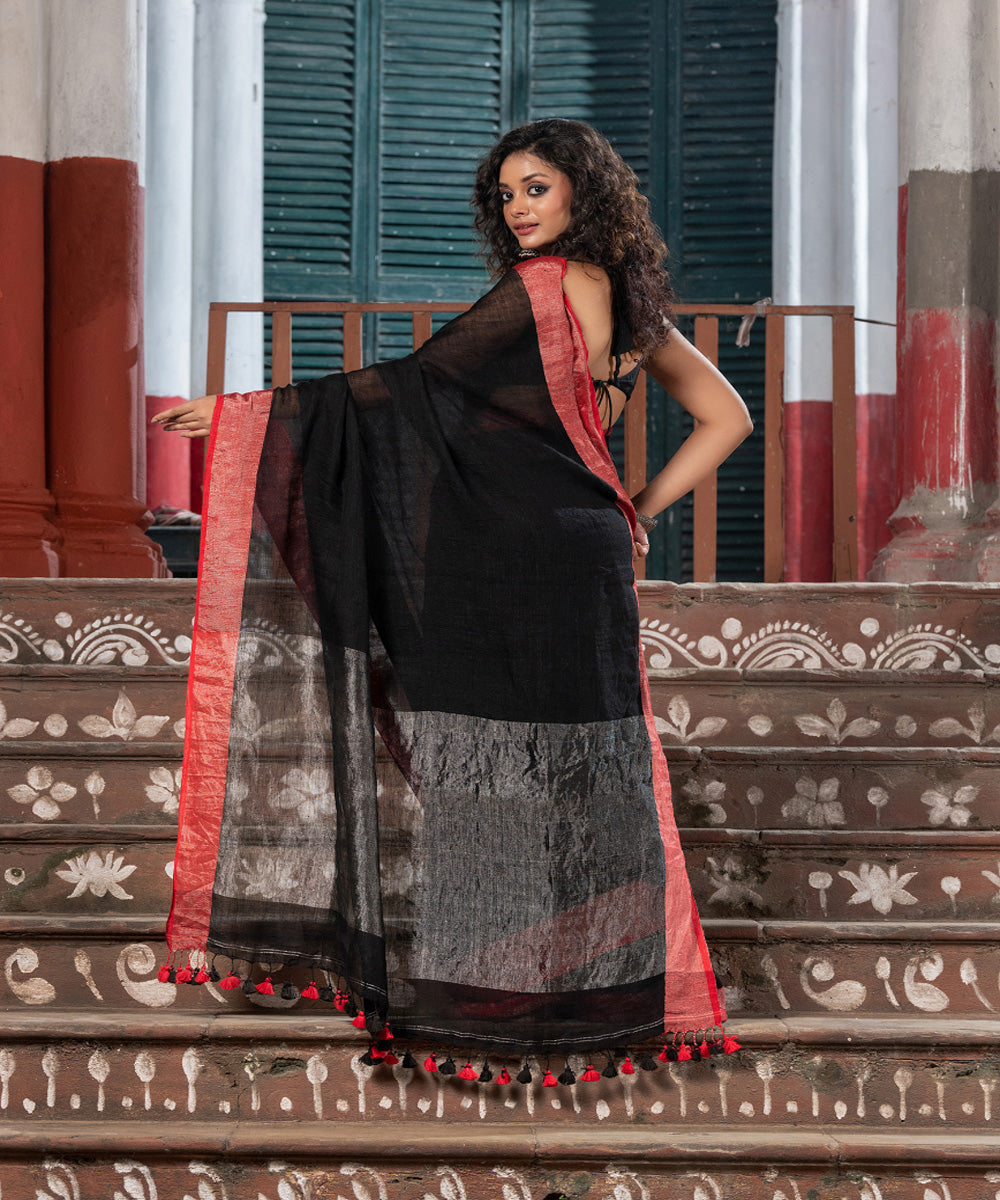 Black red linen zari handloom bengal saree