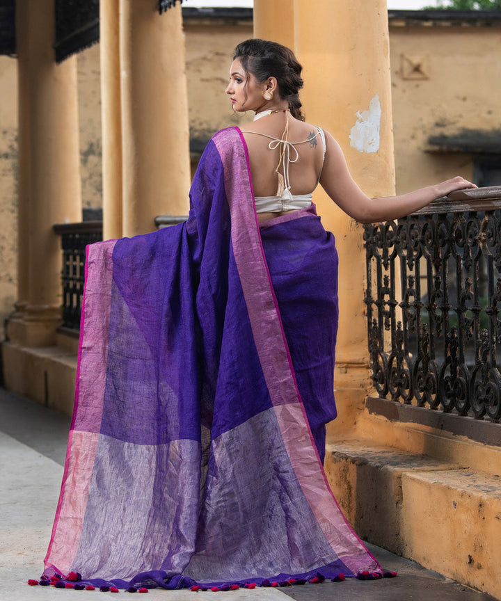 Blue pink linen zari handloom bengal saree