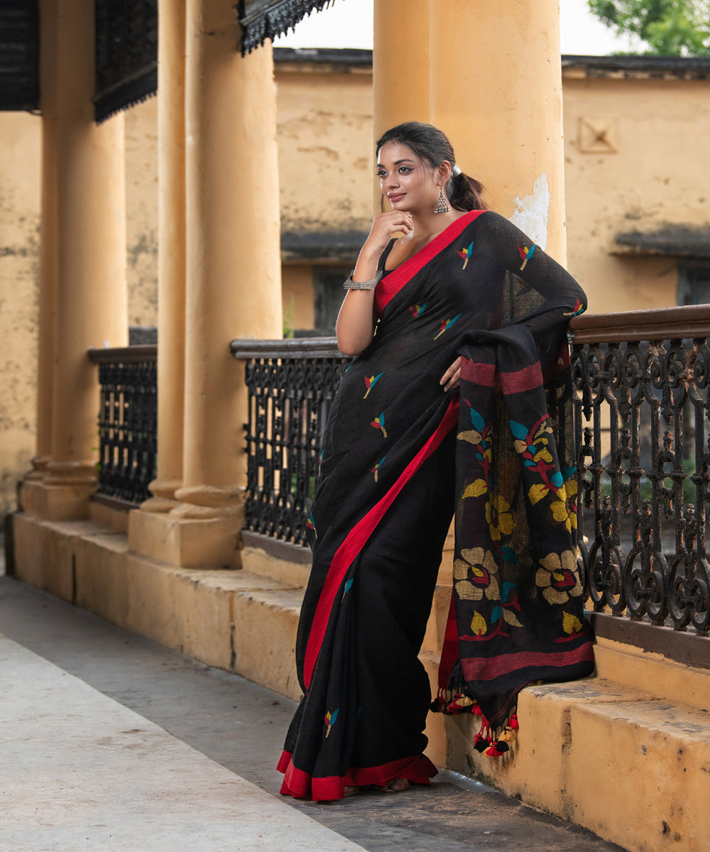 Black red linen handloom jamdani saree