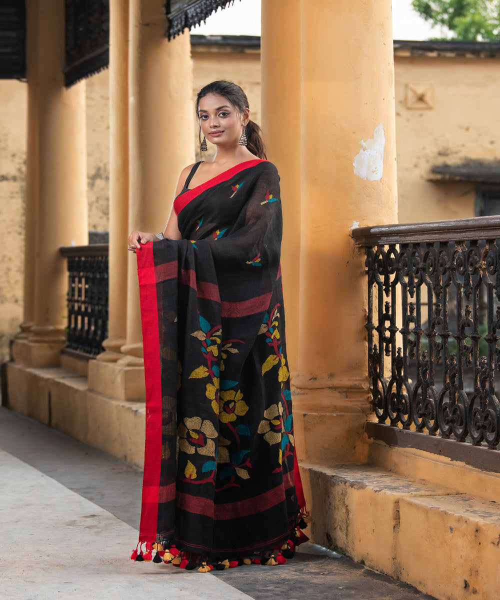 Black red linen handloom jamdani saree