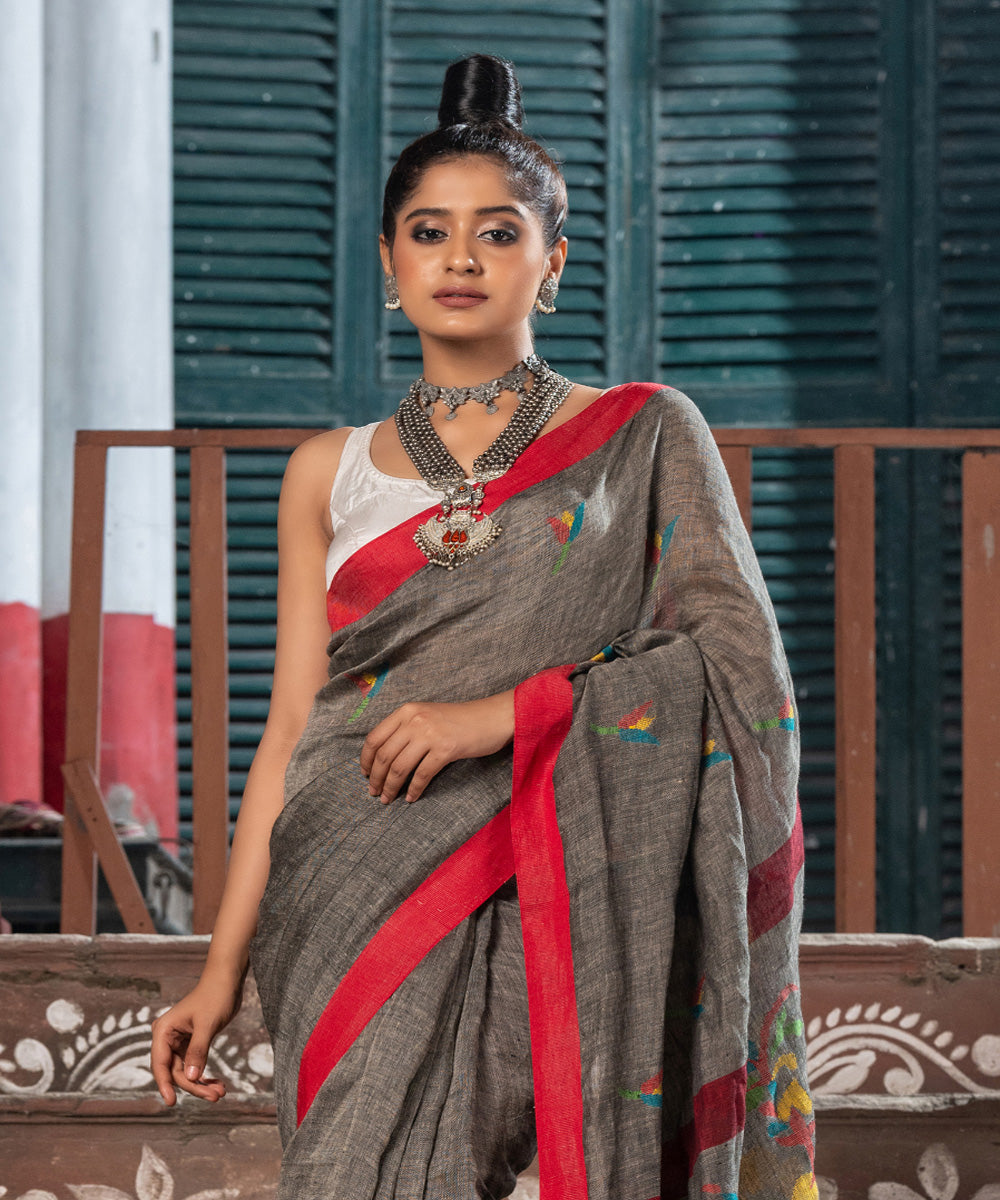 Grey red handloom bengal linen saree