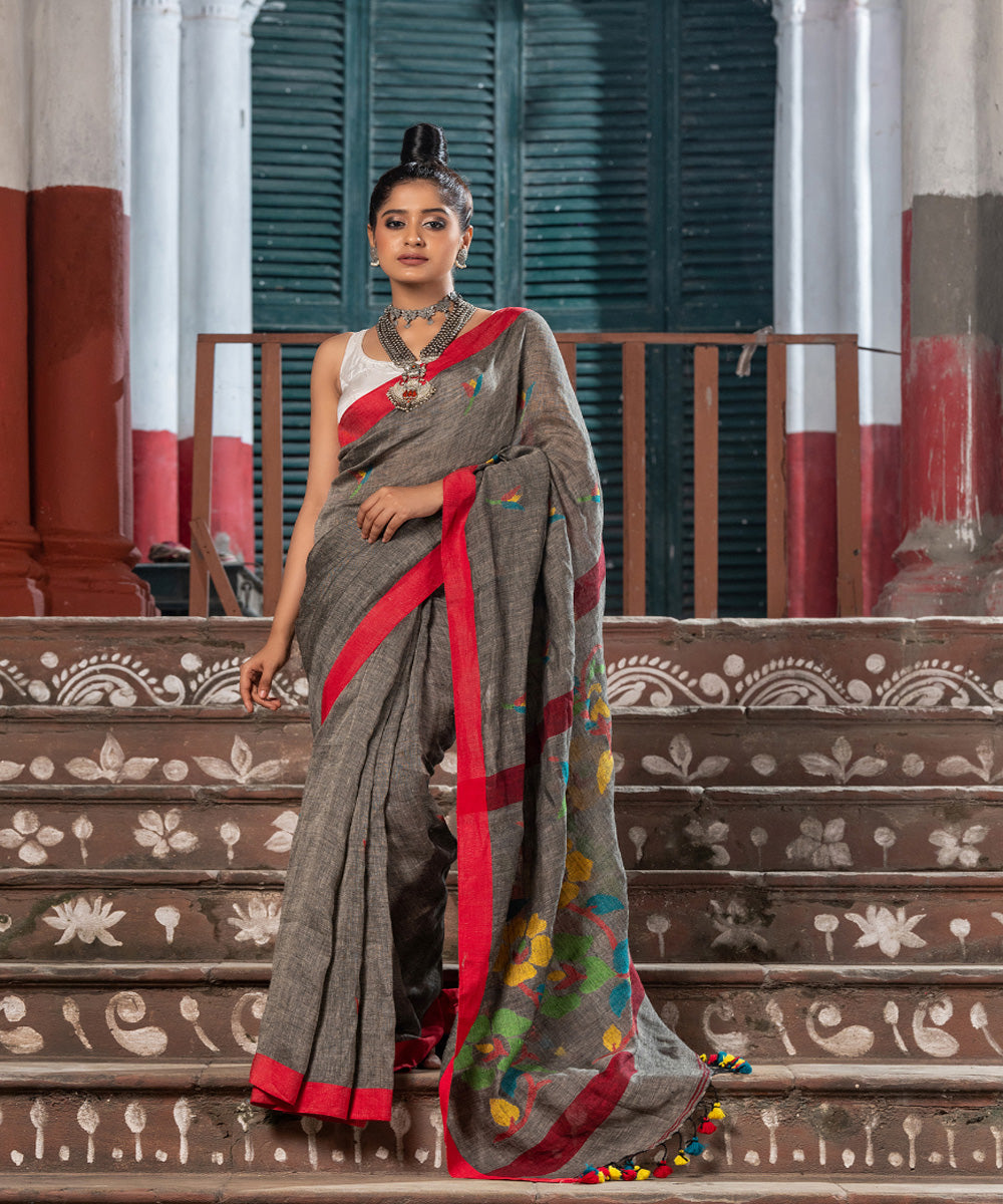 Grey red handloom bengal linen saree