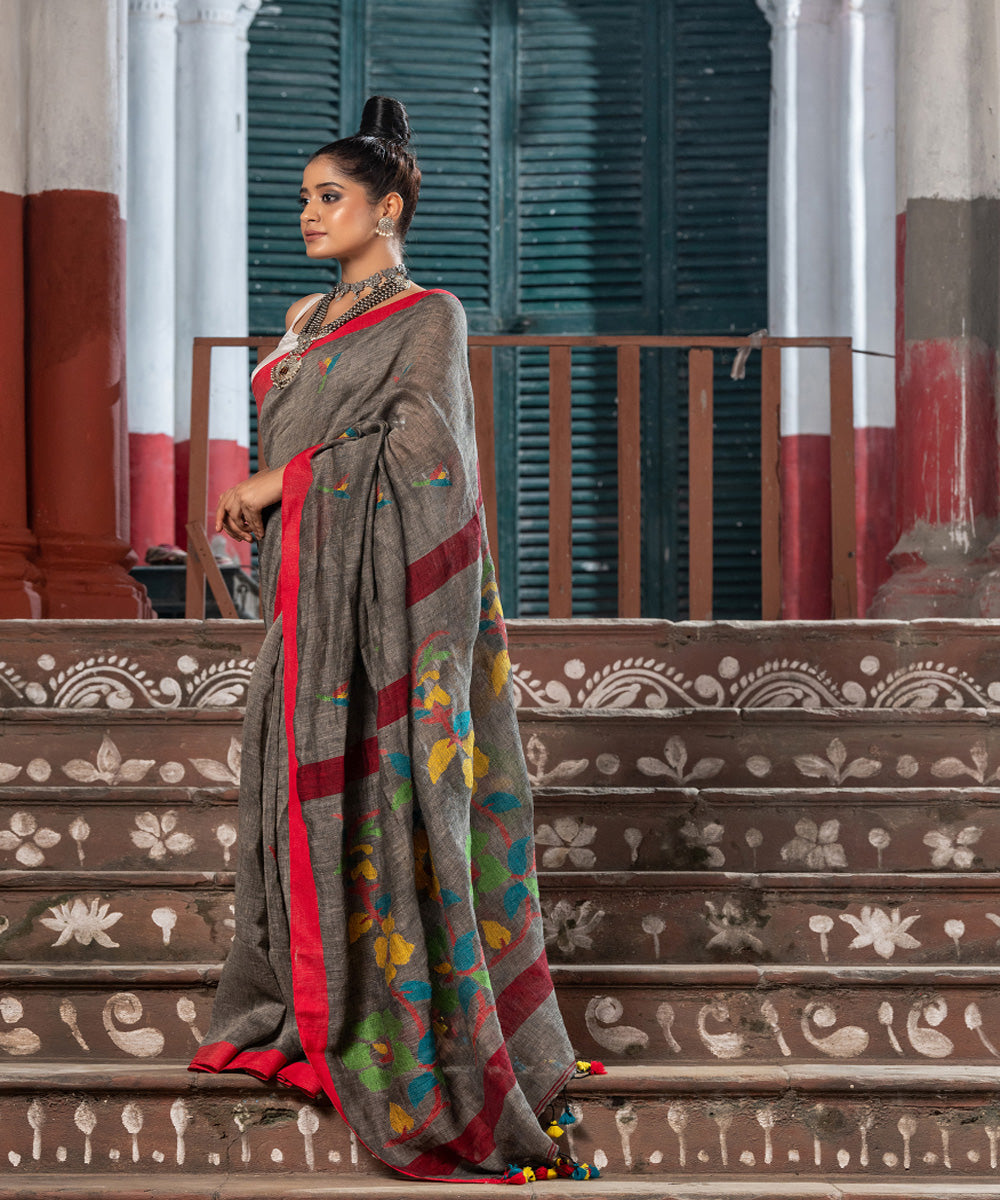 Grey red handloom bengal linen saree