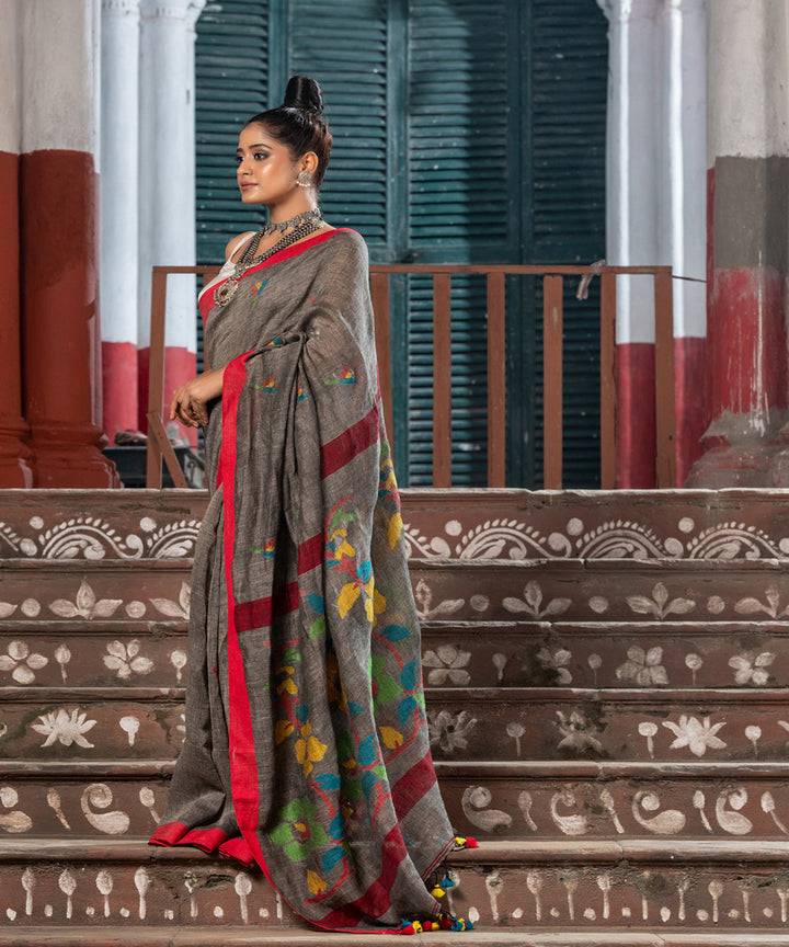 Grey red handloom bengal linen saree