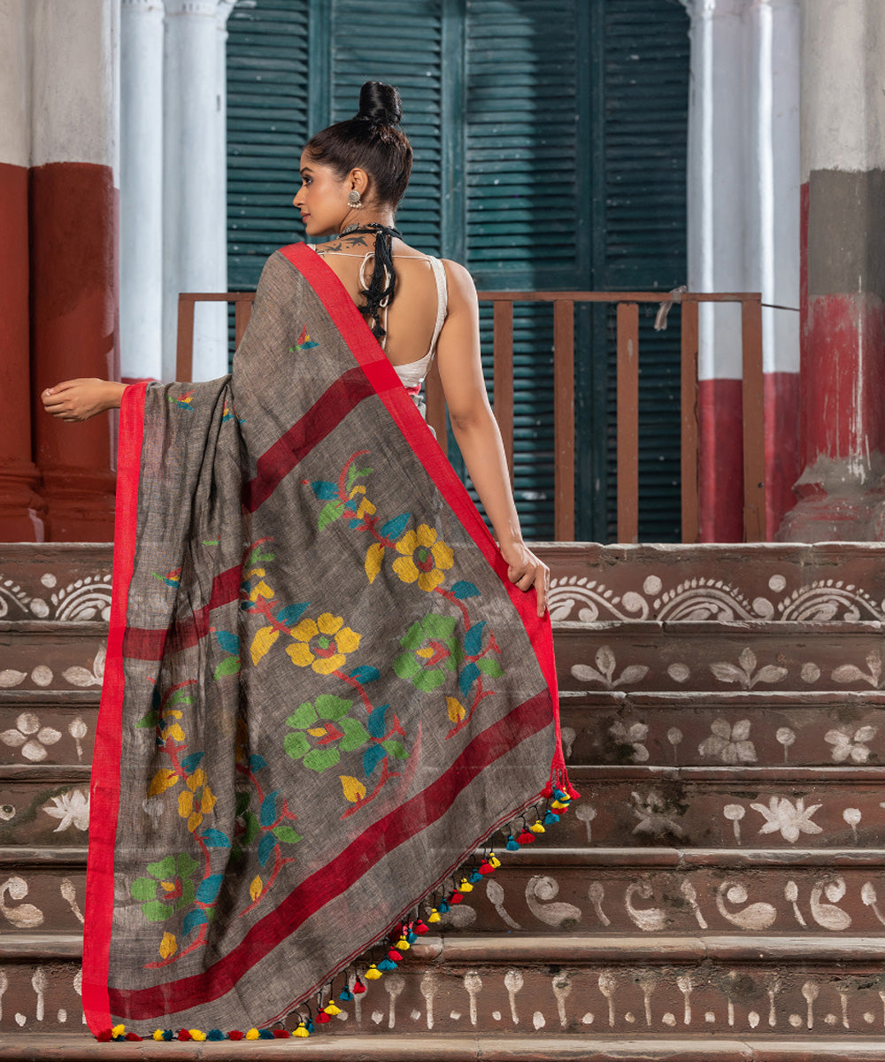 Grey red handloom bengal linen saree