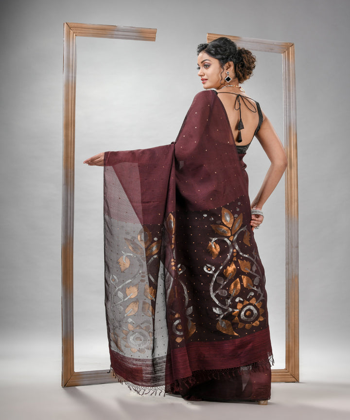 Maroon matka silk sequin bengal handloom jamdani saree