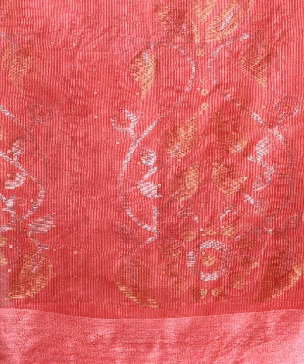 Peach orange silk sequin handloom bengal jamdani saree