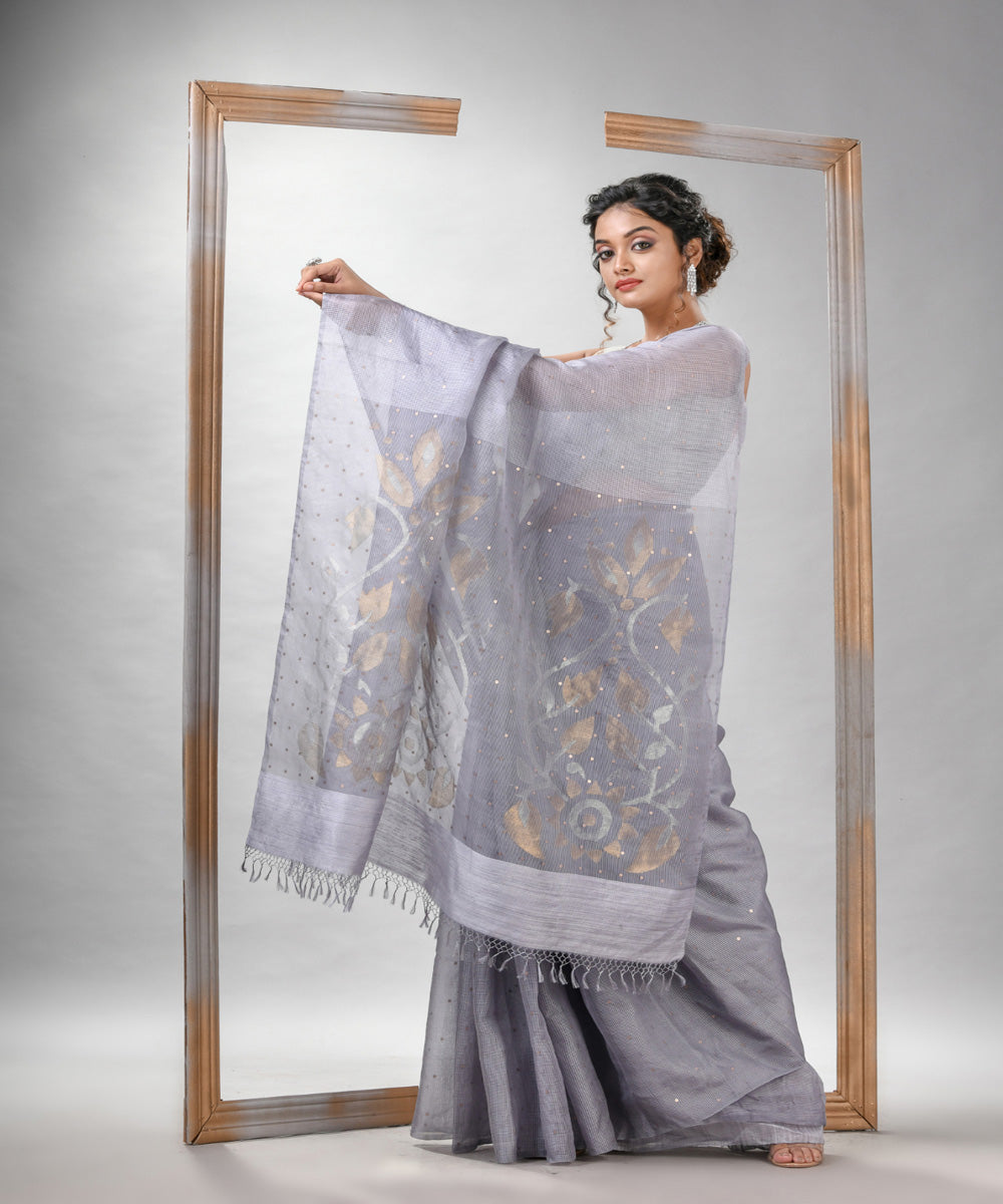 Silver matka silk sequin handloom bengal jamdani saree
