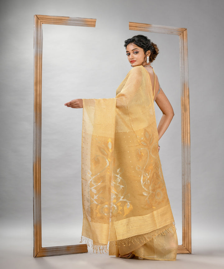 Light yellow matka silk sequin handloom bengal jamdani saree