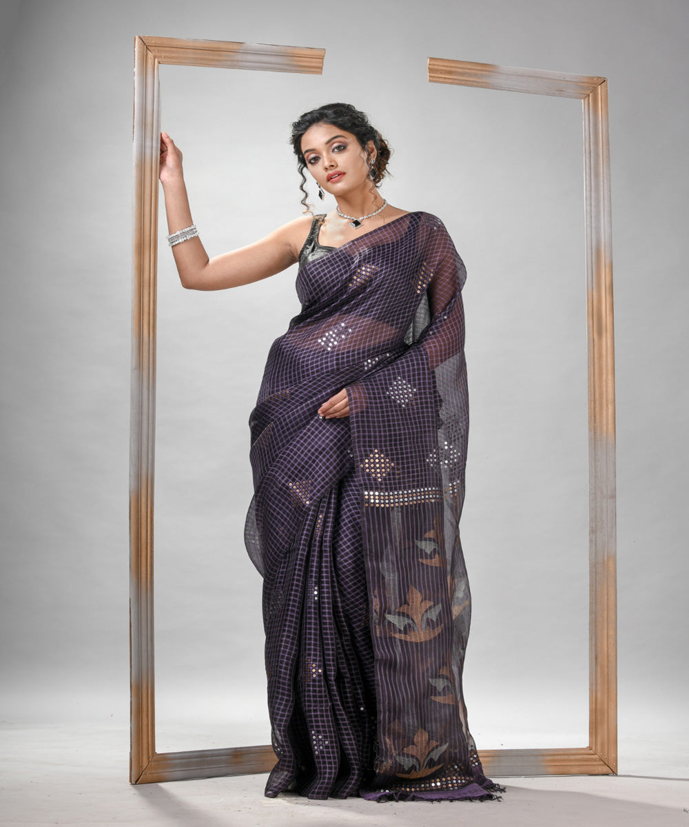 Rama blue matka silk sequin handloom bengal jamdani saree