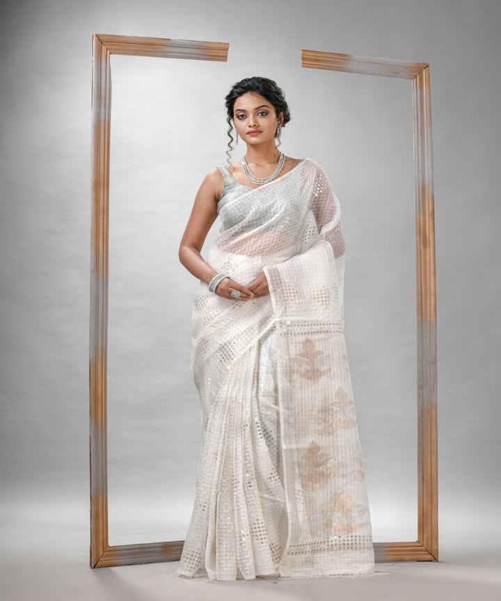 White matka silk sequin bengal handloom jamdani saree