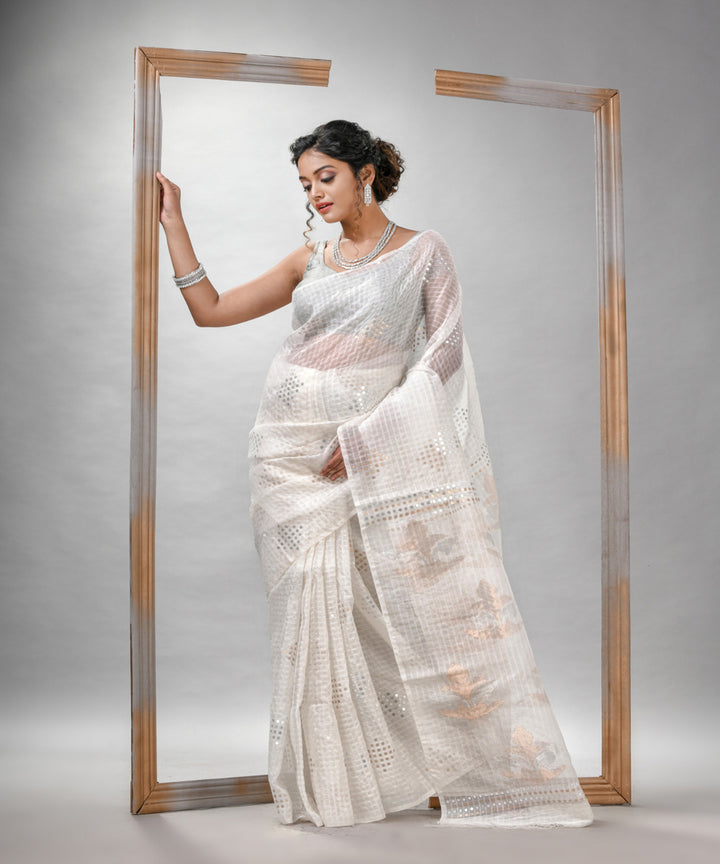 White matka silk sequin bengal handloom jamdani saree