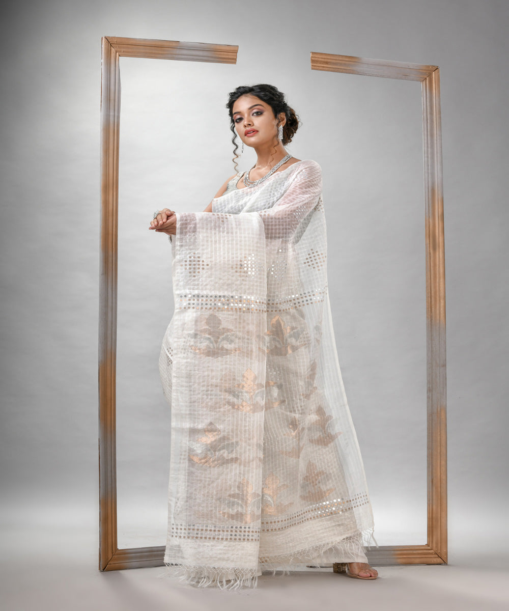 White matka silk sequin bengal handloom jamdani saree