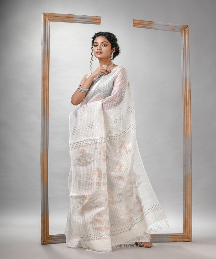 White matka silk sequin bengal handloom jamdani saree