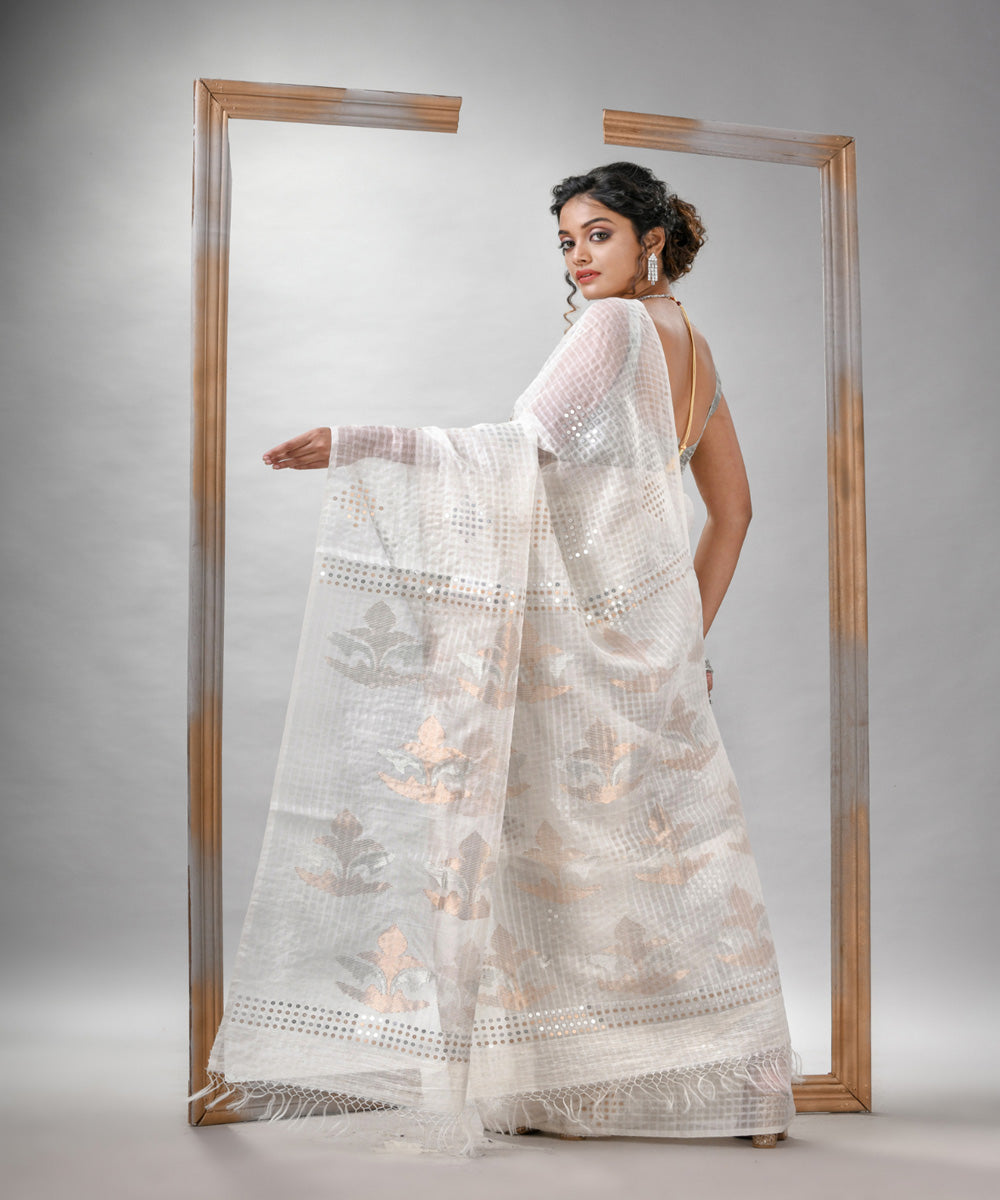 White matka silk sequin bengal handloom jamdani saree