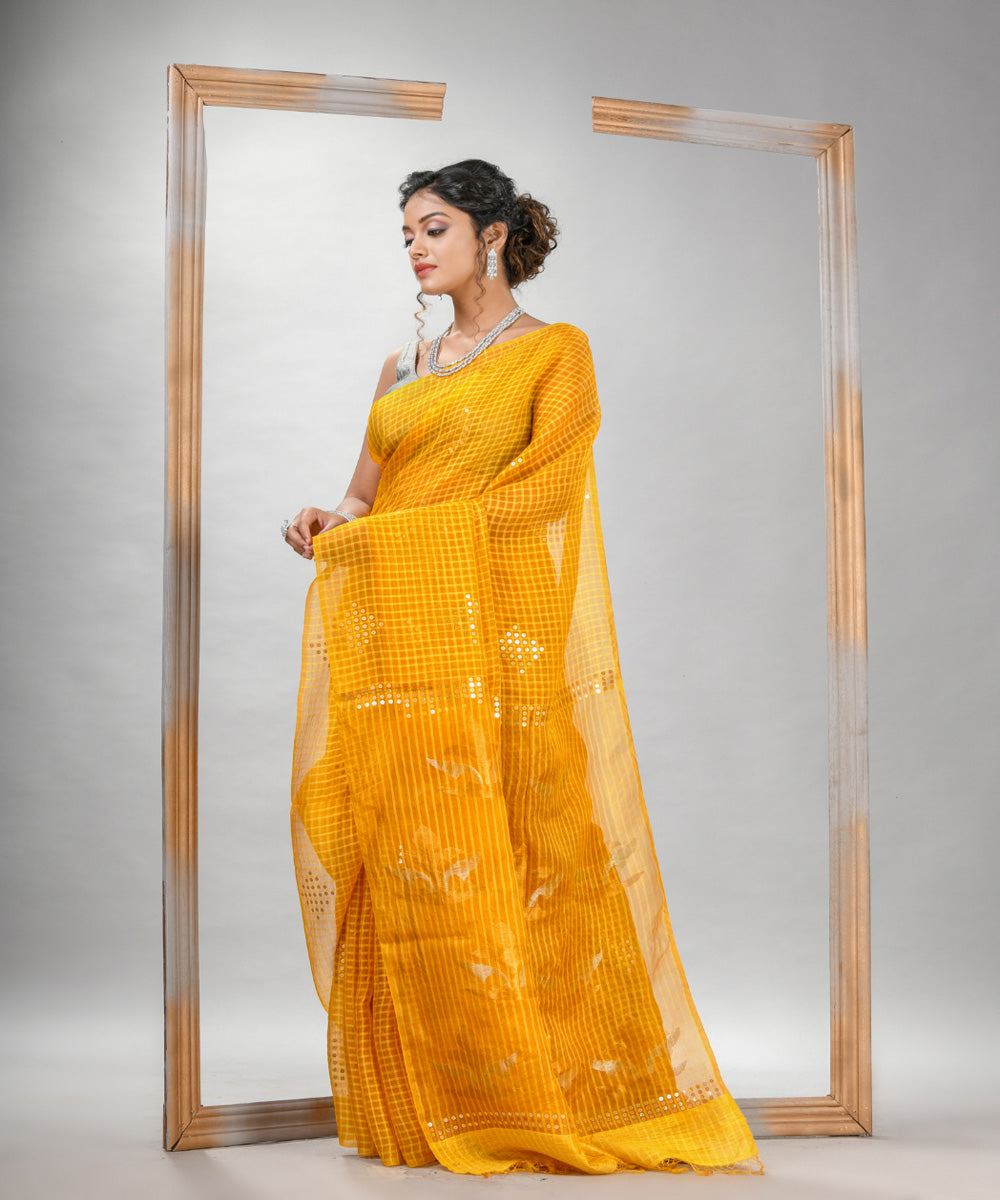 Yellow matka silk sequin handloom jamdani bengal saree