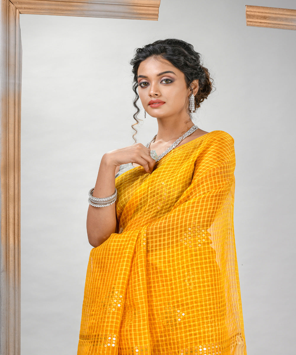 Yellow matka silk sequin handloom jamdani bengal saree
