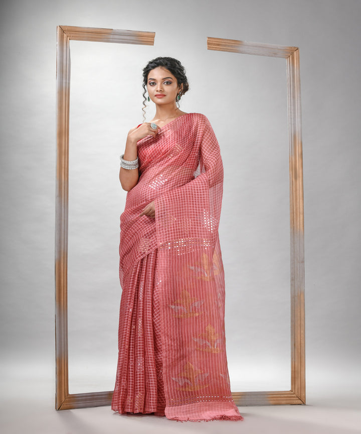 Pastel peach matka silk sequin handloom bengal jamdani saree