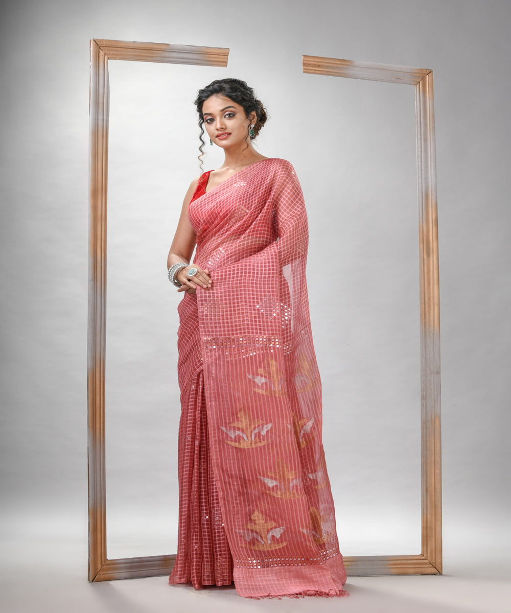 Pastel peach matka silk sequin handloom bengal jamdani saree