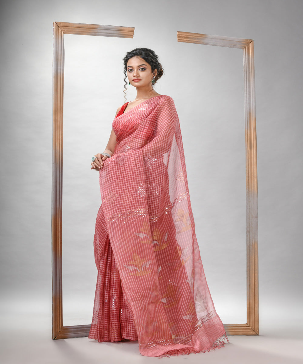 Pastel peach matka silk sequin handloom bengal jamdani saree