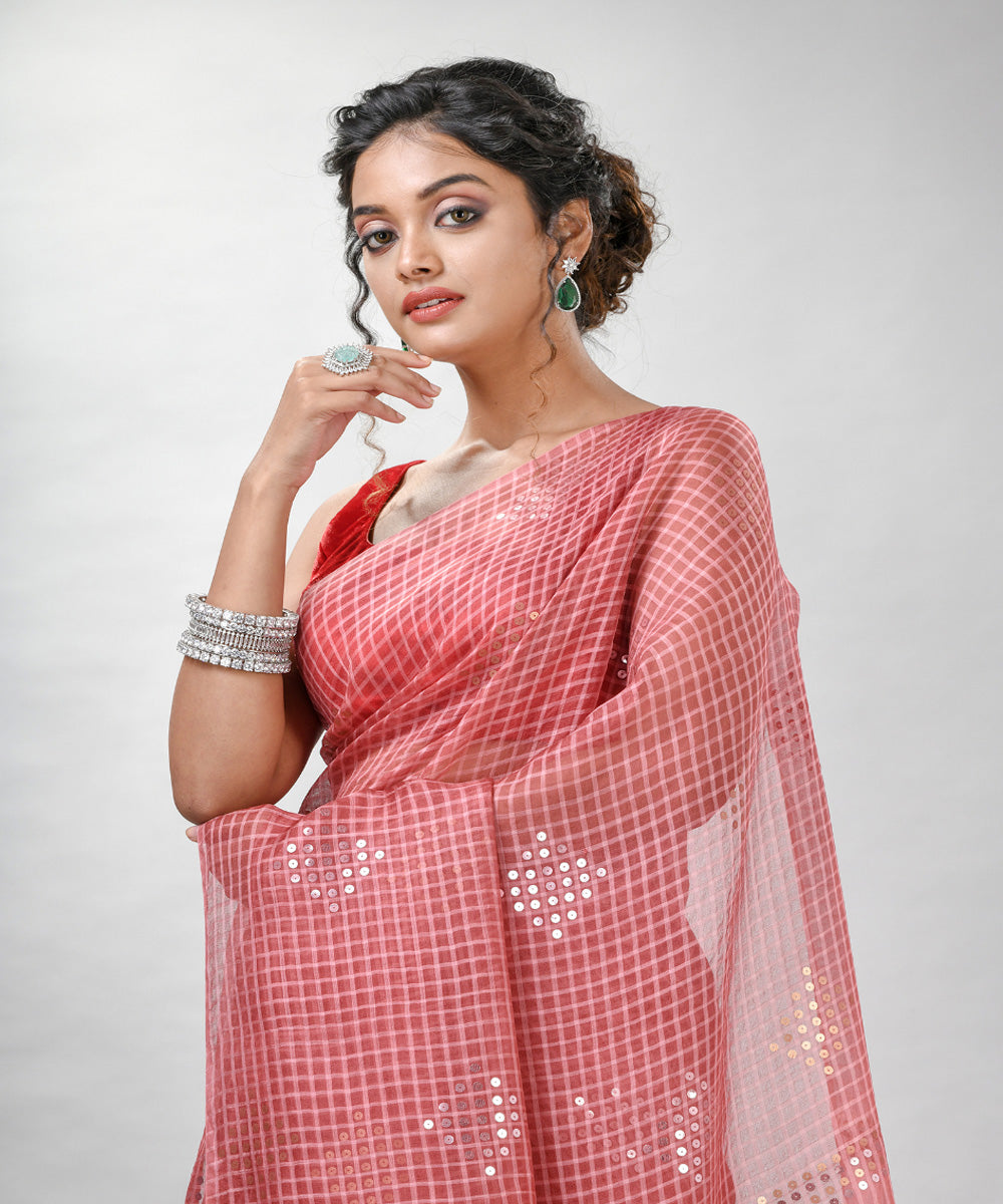 Pastel peach matka silk sequin handloom bengal jamdani saree