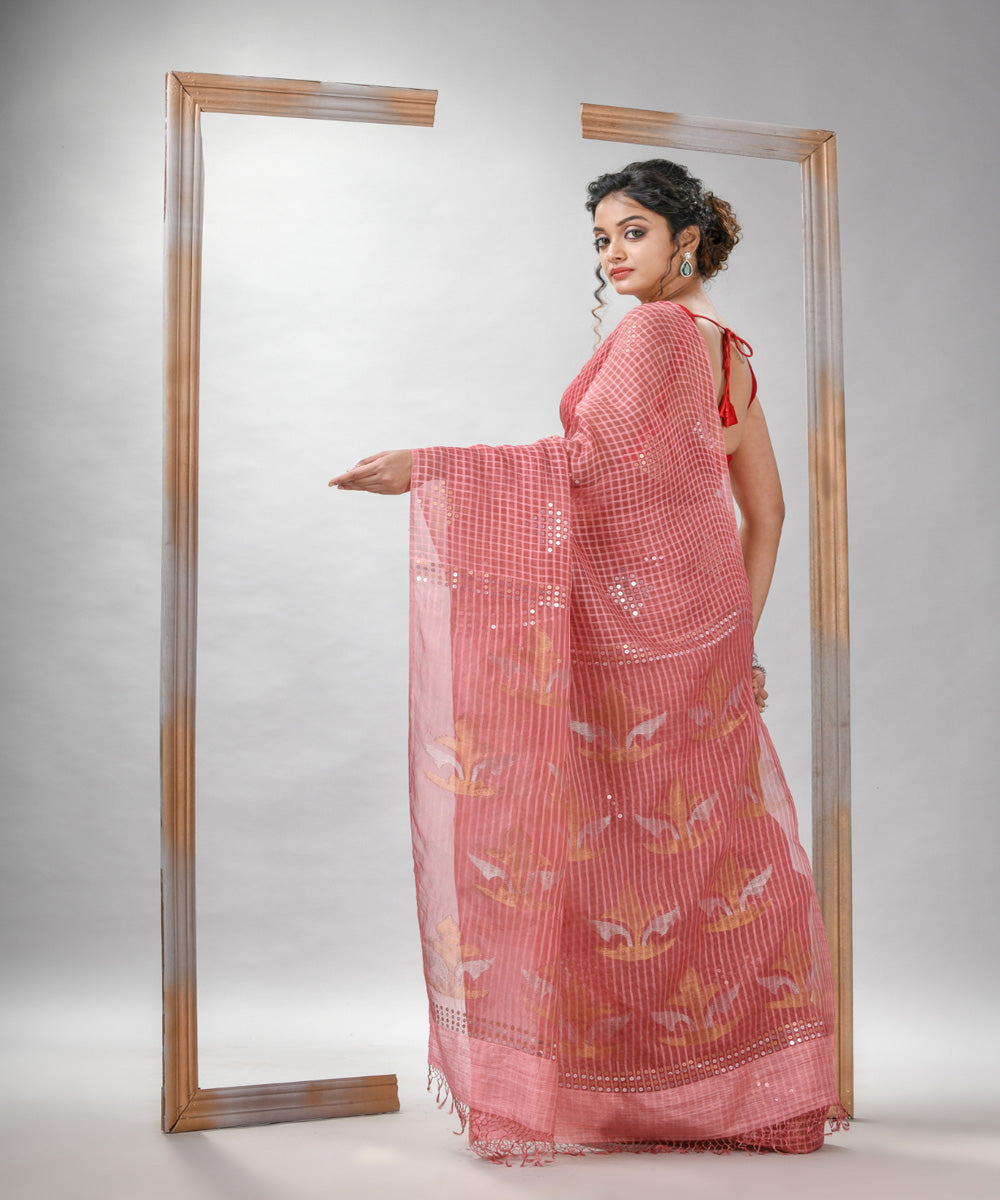 Pastel peach matka silk sequin handloom bengal jamdani saree