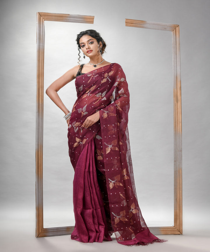 Maroon matka silk sequin handloom bengal jamdani saree