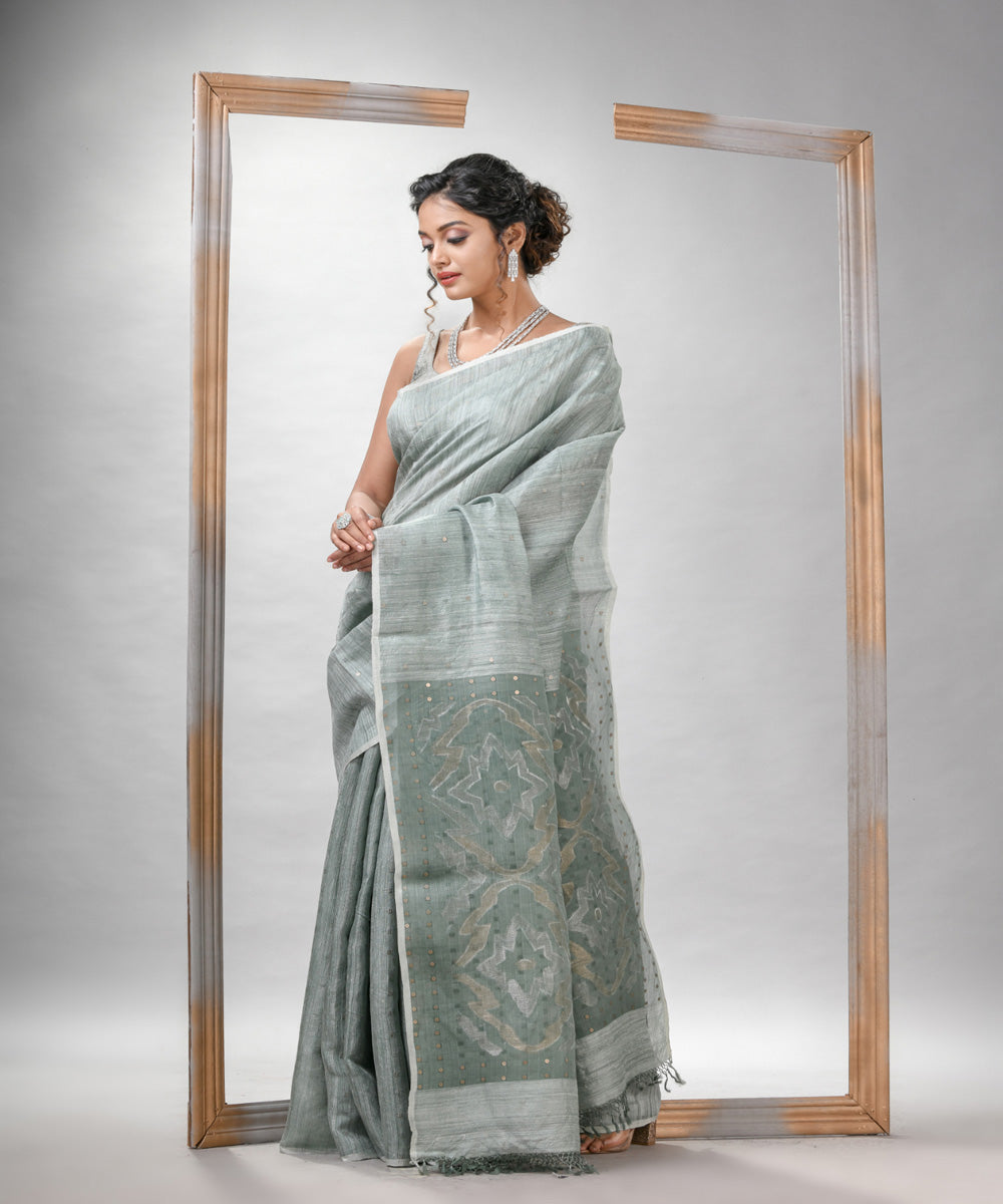 Sage green matka silk sequin handloom bengal jamdani saree