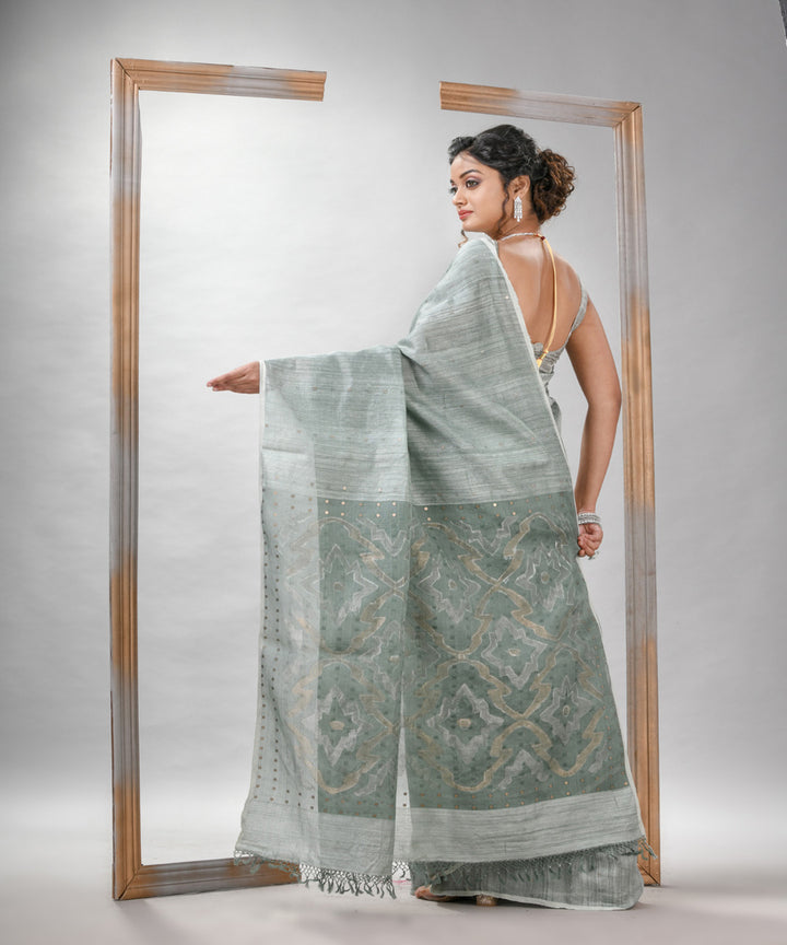 Sage green matka silk sequin handloom bengal jamdani saree