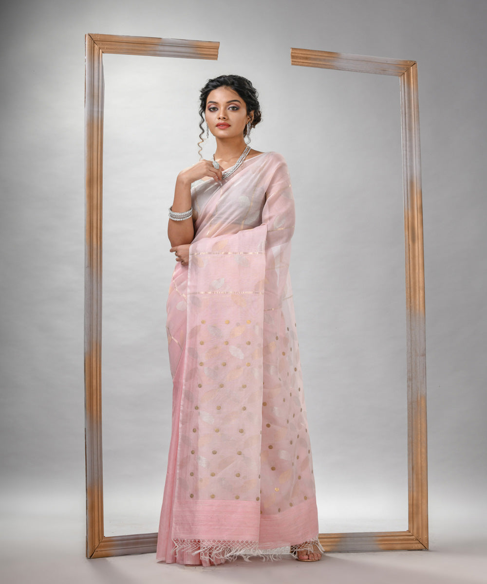 Baby pink matka silk sequin handloom bengal jamdani saree