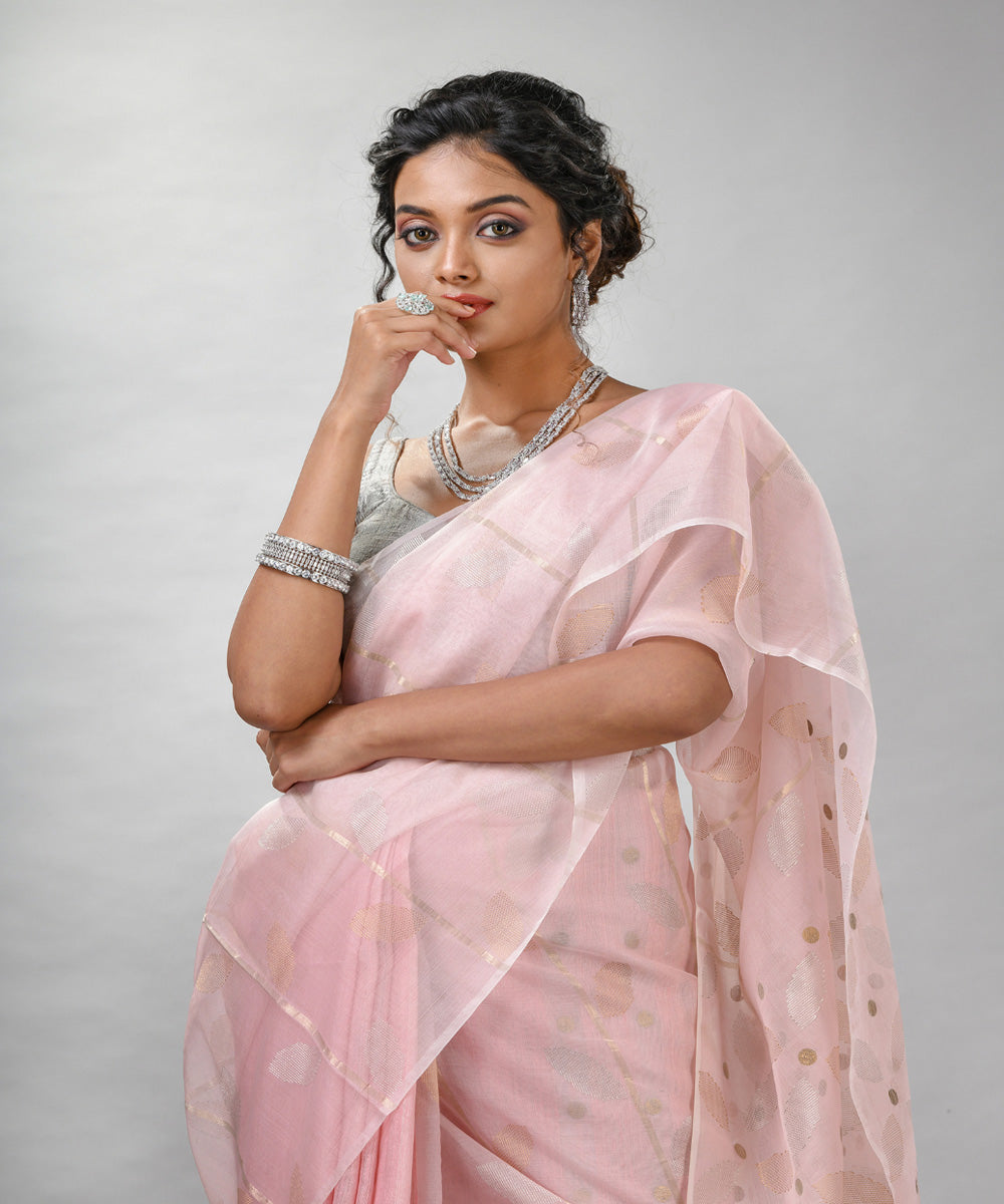 Baby pink matka silk sequin handloom bengal jamdani saree