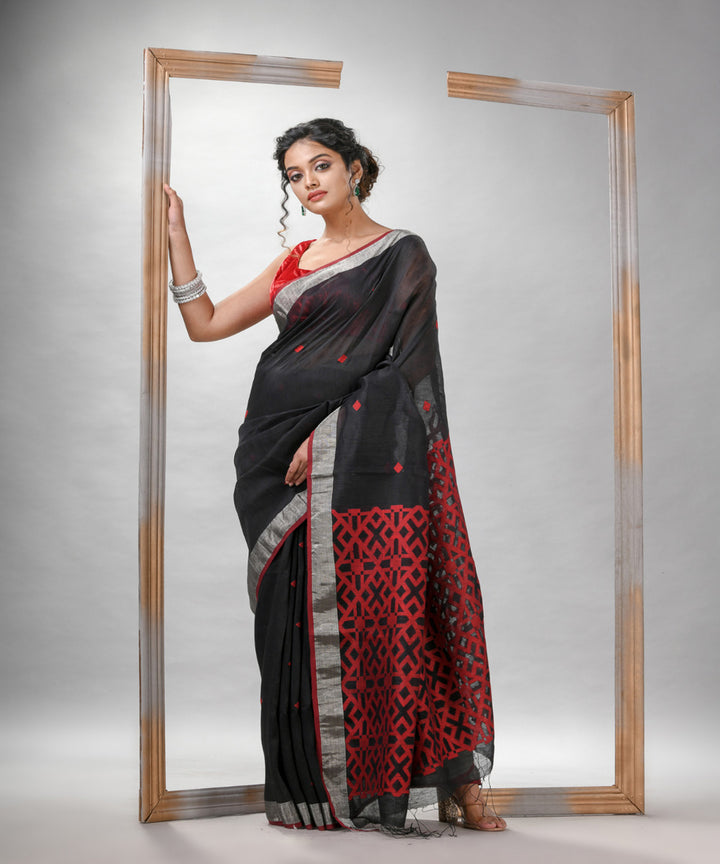 Black silk linen bengal handloom jacquard saree