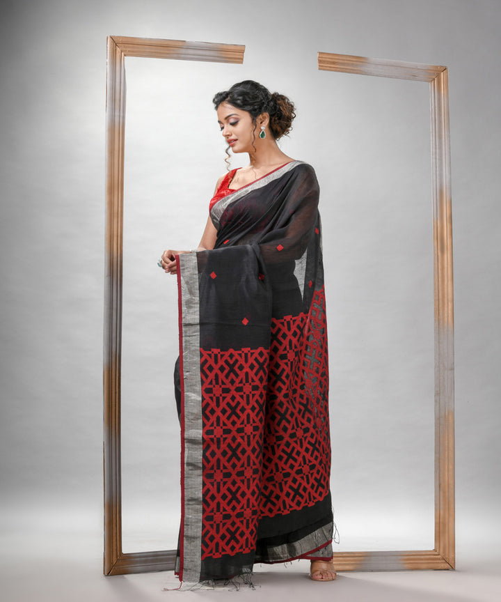 Black silk linen bengal handloom jacquard saree