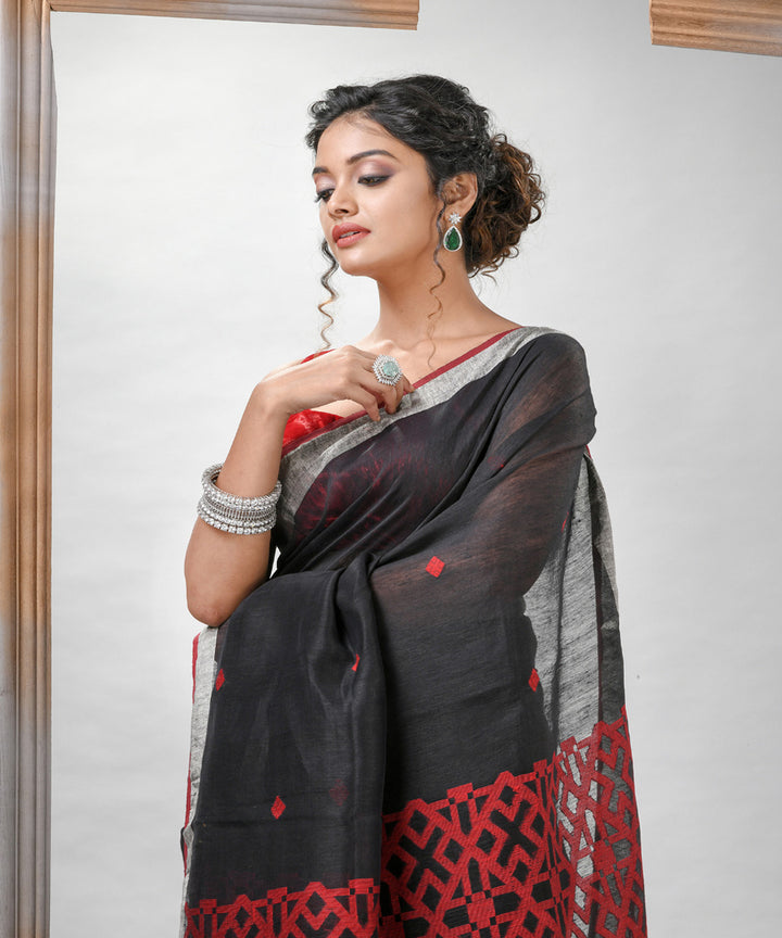 Black silk linen bengal handloom jacquard saree