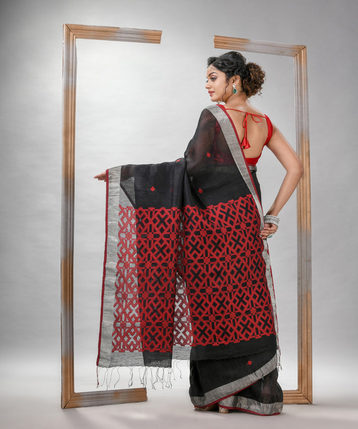 Black silk linen bengal handloom jacquard saree