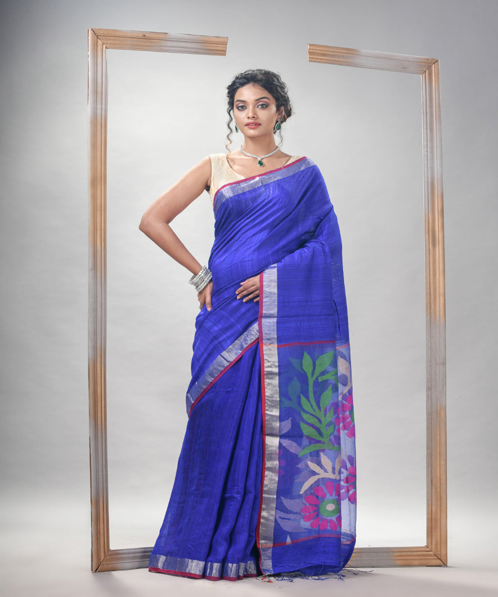 Royal blue silk matka handloom jamdani saree