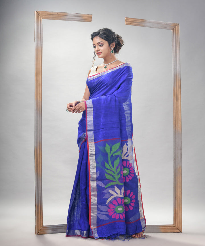 Royal blue silk matka handloom jamdani saree